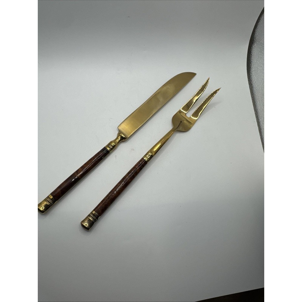 Vintage Burl wood handled‎ carving set. Gold tone.